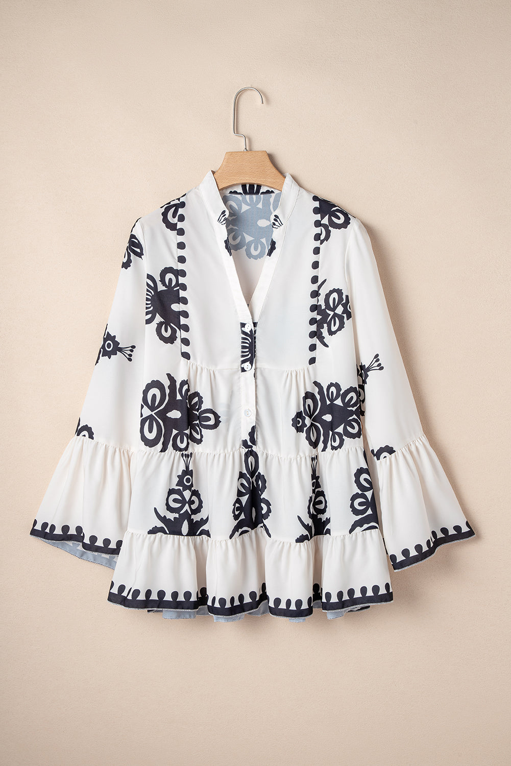 Abstract Bell Sleeve Buttoned Blouse