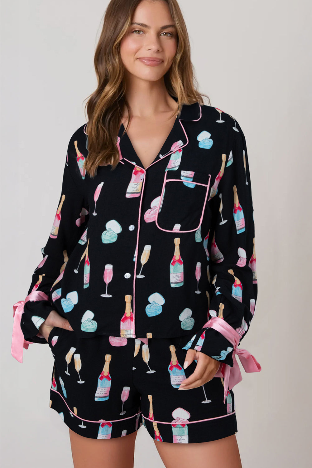 Valentine Wine Glass Bow Tie Pajama Set