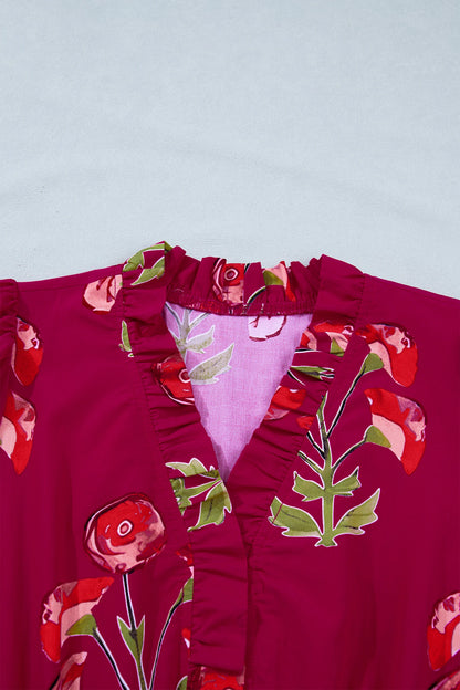 Floral Frilled V-Neck Ruffle Maxi Dress