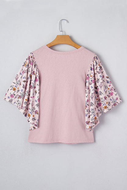Floral Contrast Patchwork Flowy 3/4 Sleeve Blouse