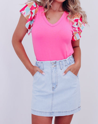 Colorblock Ruffle Short Sleeve T-Shirt