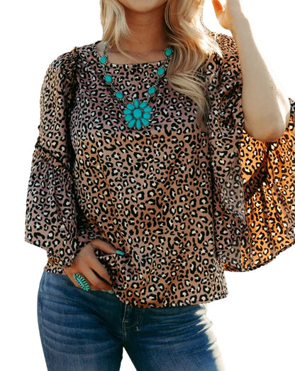 Leopard Ruffle Wide Sleeve Blouse