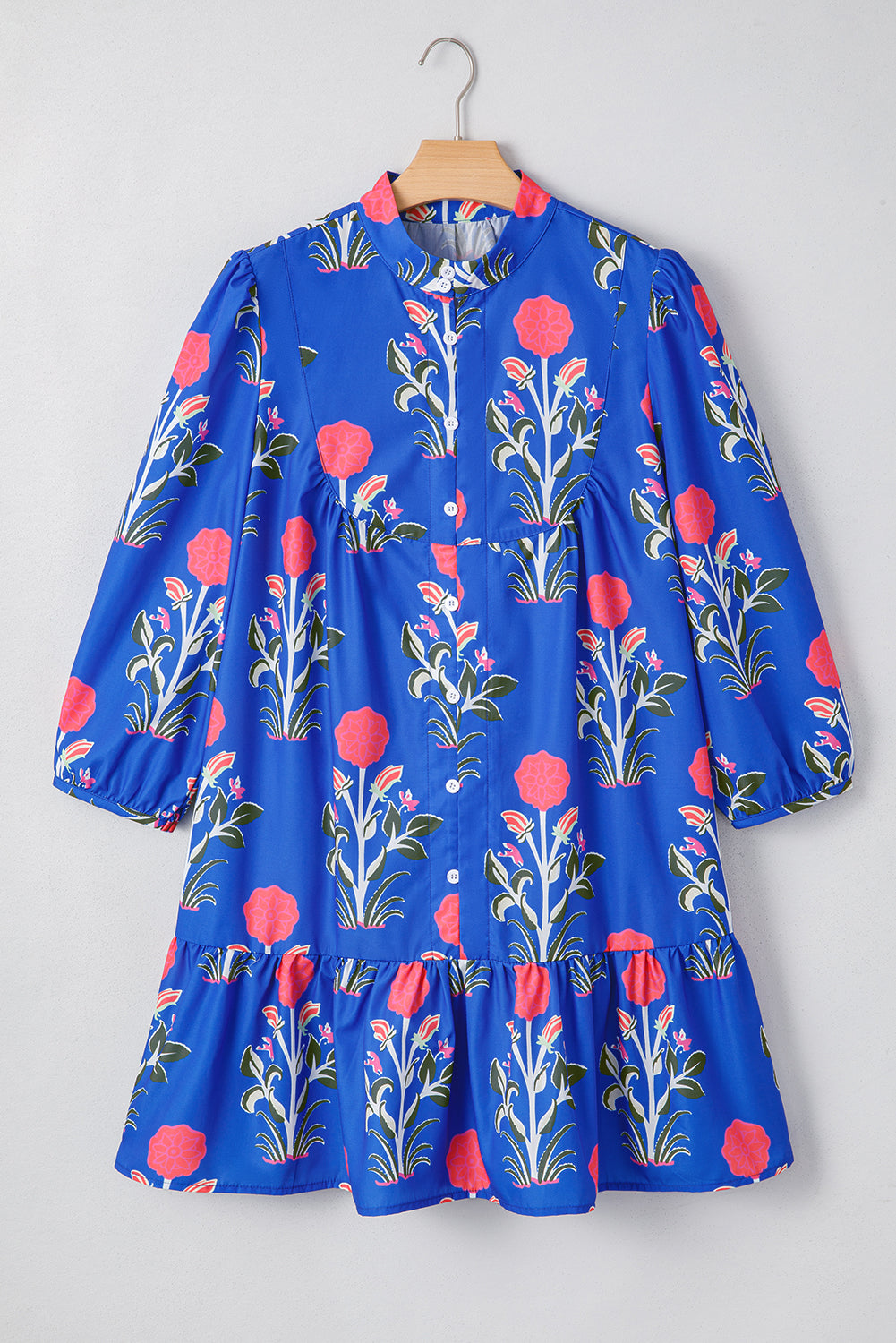 Floral 3/4 Puff Sleeve Ruffle Hem Dress