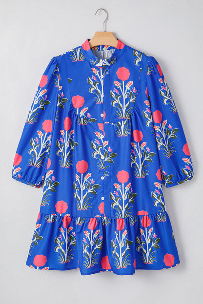 Floral 3/4 Puff Sleeve Ruffle Hem Dress