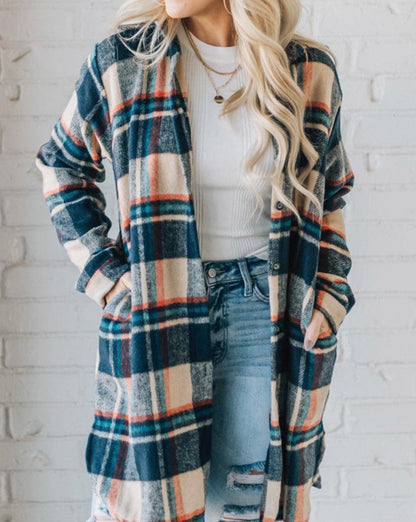 Plaid Buttoned Long Shacket w/Pockets