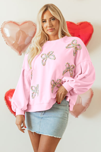 Valentine Bow Embroidered Lantern Sleeve Sweatshirt