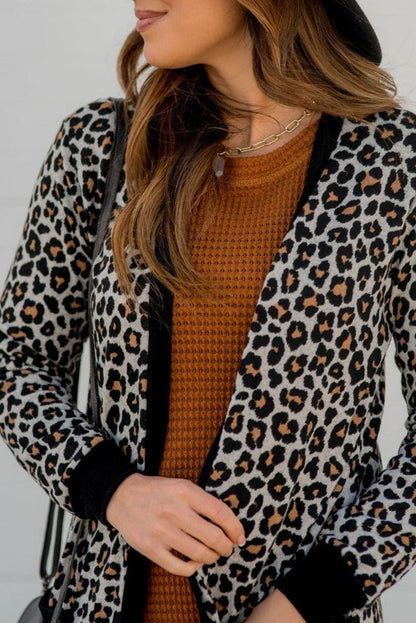 Leopard Open Front Pocketed Cardigan