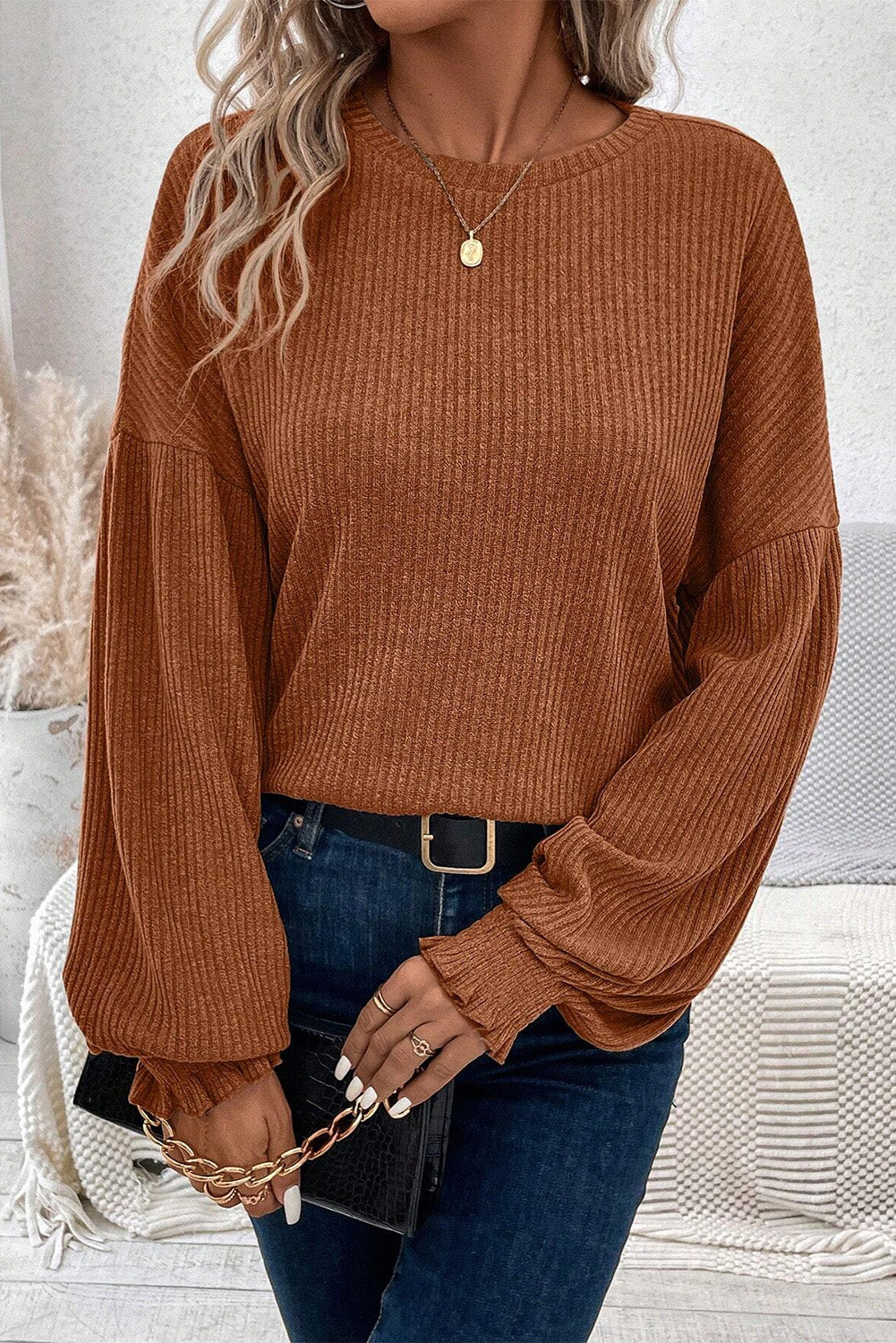 Ribbed Long Puff Sleeve Top