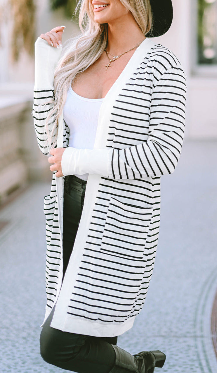 Stripe Pocketed Open Front Cardigan