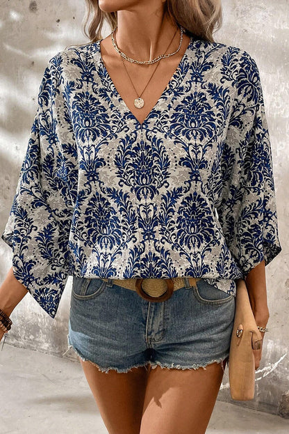 Floral 3/4 Sleeve V-Neck Blouse