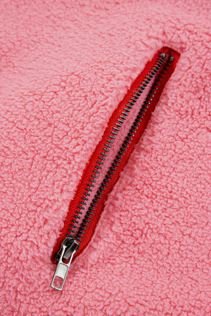 Sherpa Faux Leather Trim Half-Zip Pocketed Sweatshirt