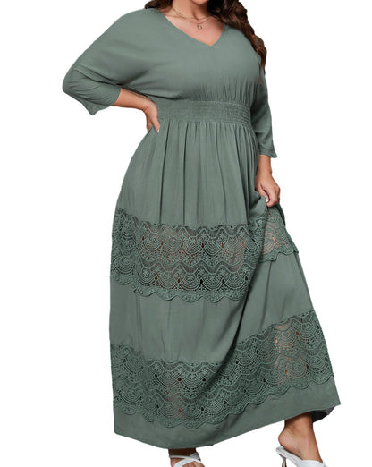 Smocked Lace 3/4 Sleeve Dress Plus Size