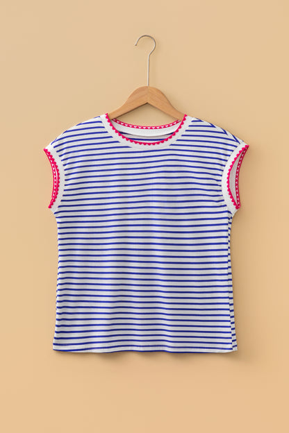 Stripe Contrast Trim Round Neck Cap Sleeve Tee