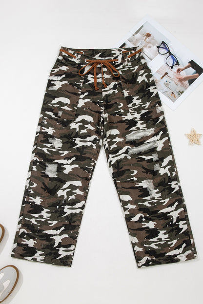 Camo Splatter Distressed Tie Waist Denim Pants