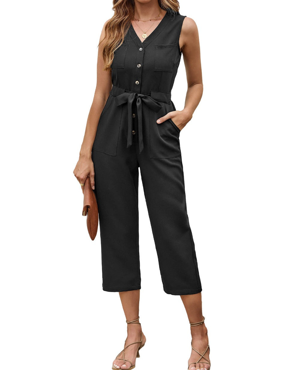 Button-Up Sleeveless Belted Jumpsuit