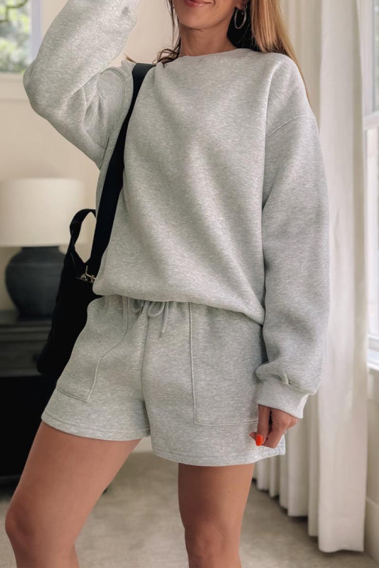 Solid Sweatshirt and Pocketed Shorts Set