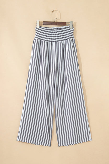 Stripe Shirred High Waist Wide Leg Pants