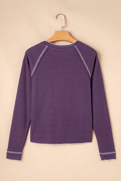 Solid Waffle Knit Round Neck Long Sleeve Top