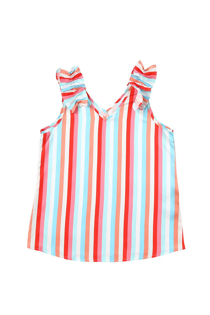 Stripe V-Neck Ruffle Straps Top