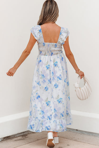 Floral Ruffle Sleeve Smocked High Waist Dress