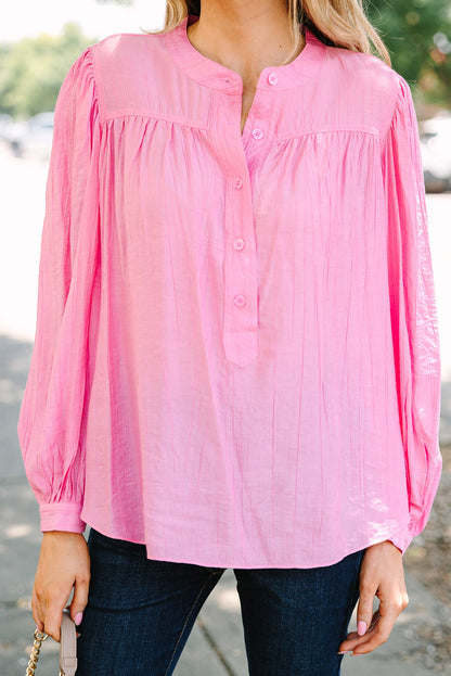 Pleated Puff Sleeve Buttoned Blouse