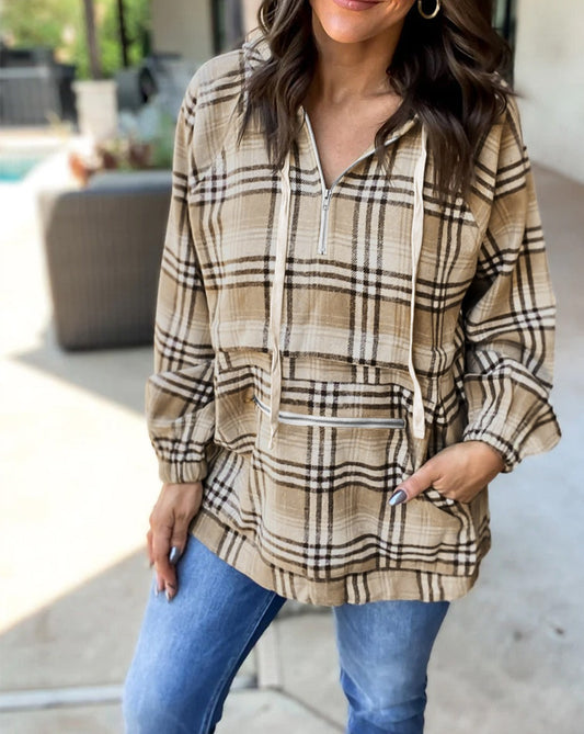 Plaid Half Zip Pullover Hoodie