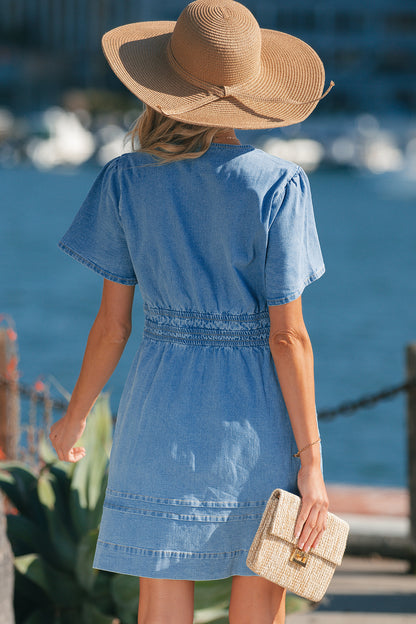 Denim Elastic Waist Short Sleeve Mini Dress