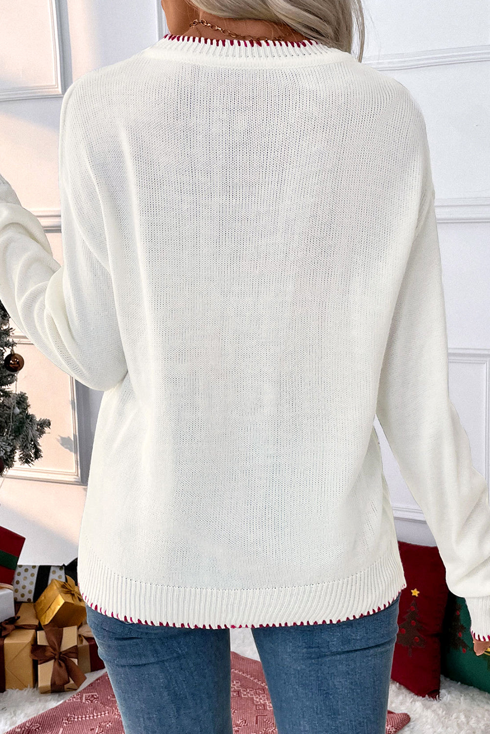 Bow Contrast Trim Christmas Sweater