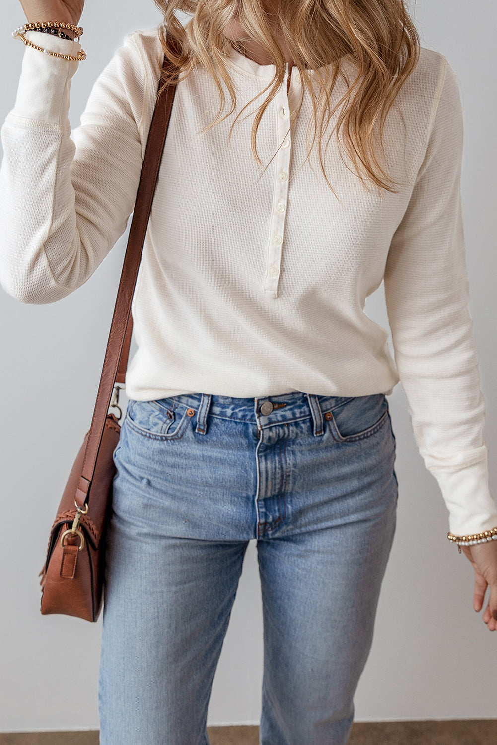 Solid Waffle Long Sleeve Henley Top