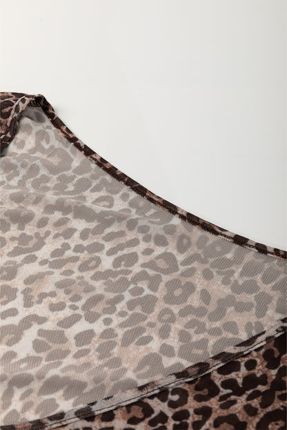 Leopard Sheer Mesh V-Neck Lace-up Top