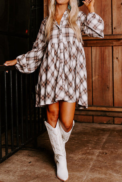 Plaid Bubble Sleeve Shirt Dress