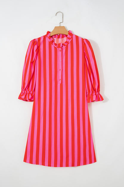 Stripe Half-Button Puff Sleeve Mini Dress