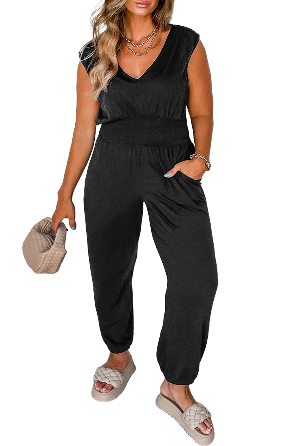 Smocked Waist V-Neck Jumpsuit Plus Size