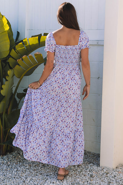 Floral Bubble Sleeve Shirred High Waist Maxi Dress