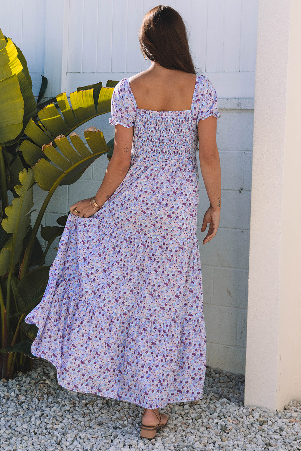 Floral Bubble Sleeve Shirred Waist Maxi Dress