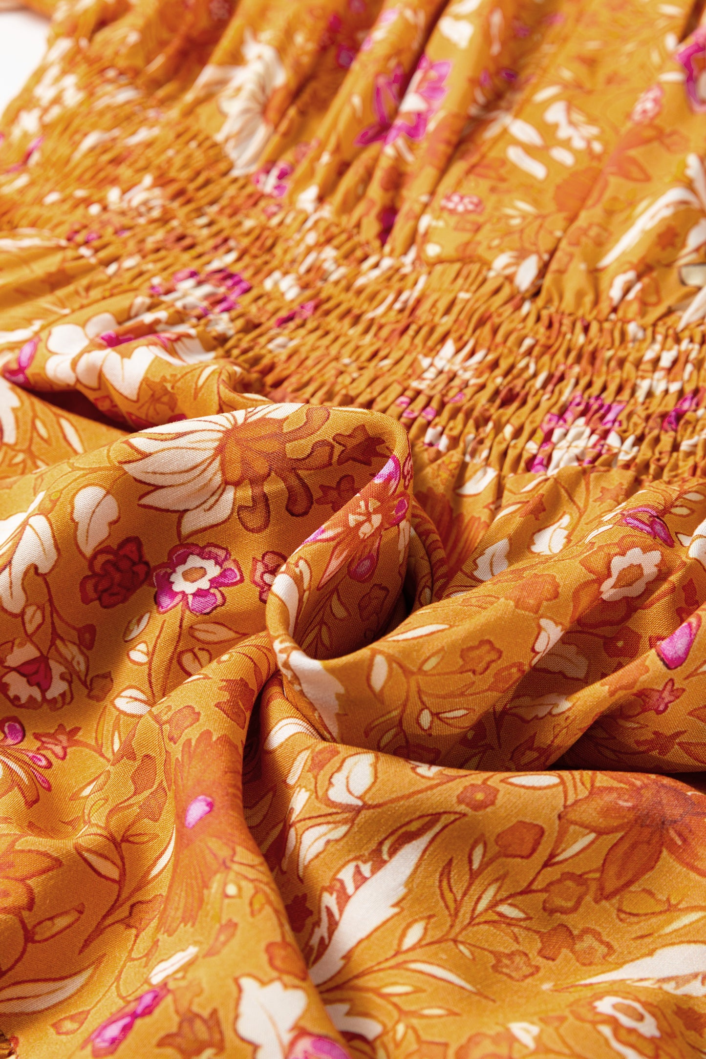 Boho Floral Smocked Waist Long Sleeve Maxi Dress