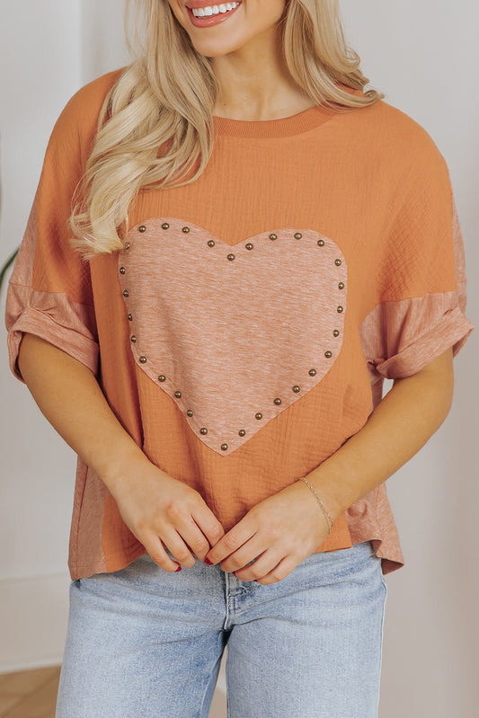 Heart Studded Patchwork Dolman Top