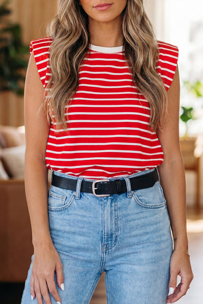 Stripe Ribbed Trim Round Neck Tank Top