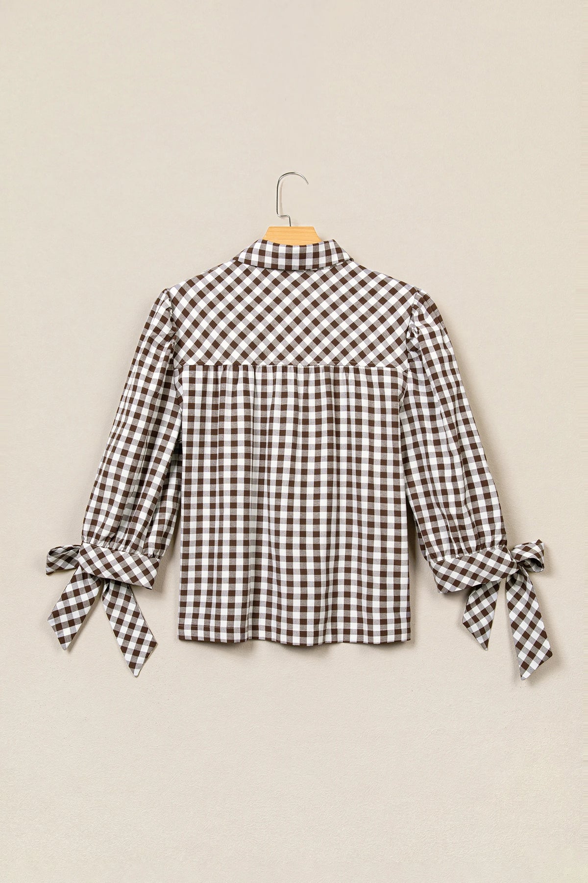 Gingham Bow Tie 3/4 Sleeve Button Down Shirt