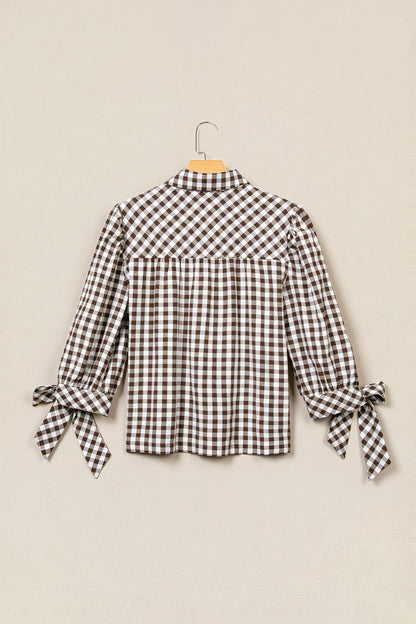 Gingham Bow Tie 3/4 Sleeve Button Down Shirt