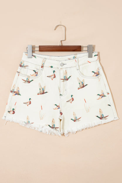 Mallard Duck Denim High Waist Frayed Shorts
