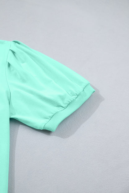 Solid V-Neck Short Puff Sleeve Blouse