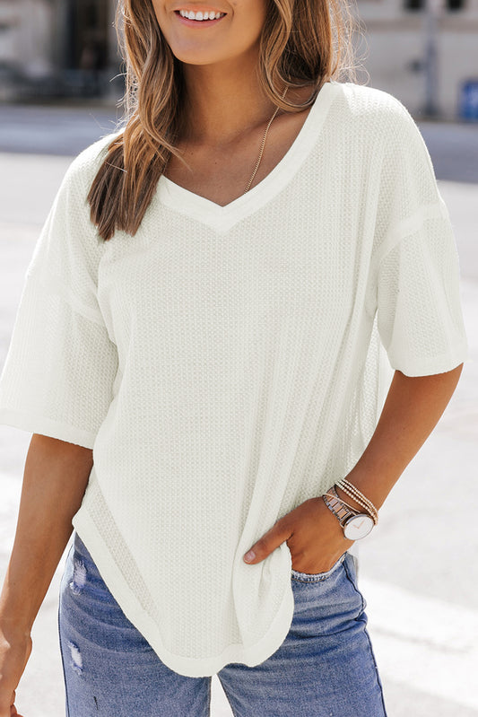 Waffle Drop Shoulder V-Neck Top