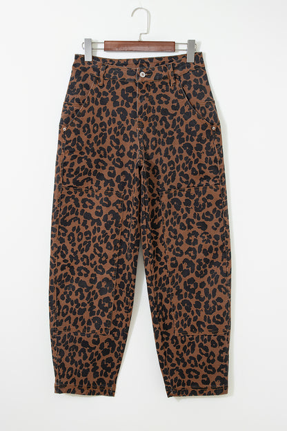 Leopard Seam Detail High Waist Barrel Leg Jeans