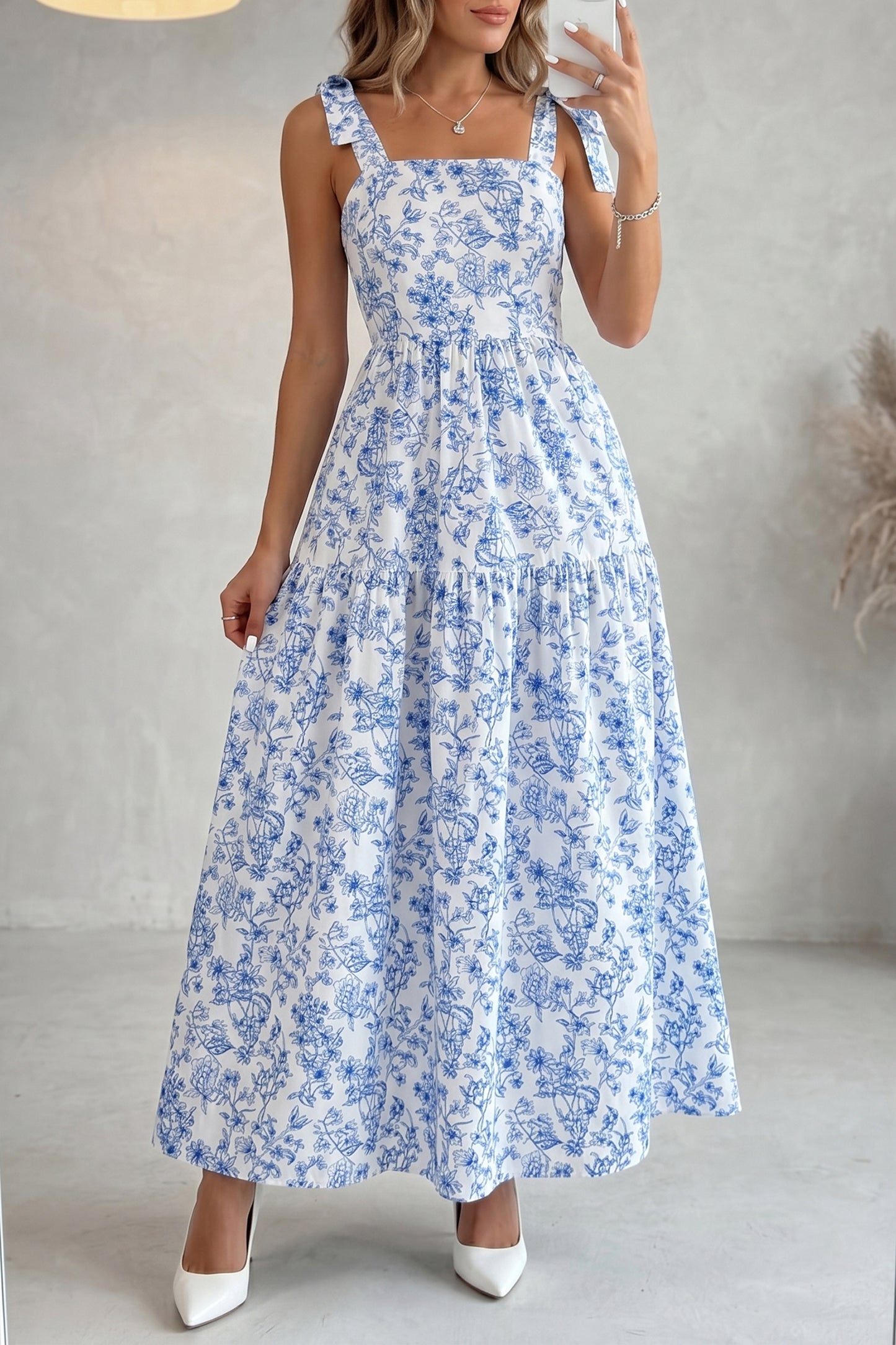 Floral Tie Strap Flared Maxi Dress