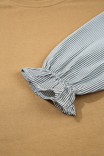 Floral Stripe Patchwork Ruffle Sleeve Crewneck Sweatshirt