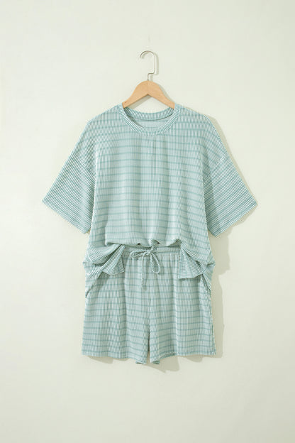 Stripe Corded Knit Tee & Drawstring Short Set