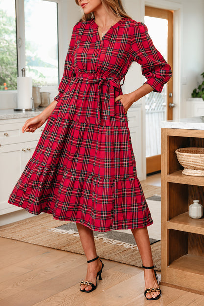 Plaid V-Neck Tie Waist Ruffle Hem Dress
