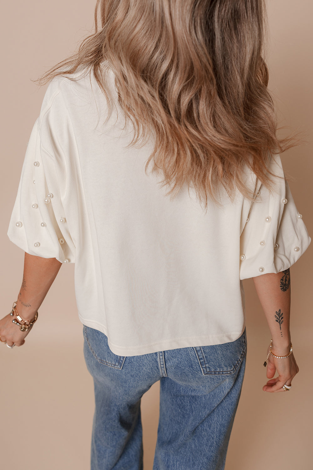 Pearl Puff Sleeve Round Neck Top