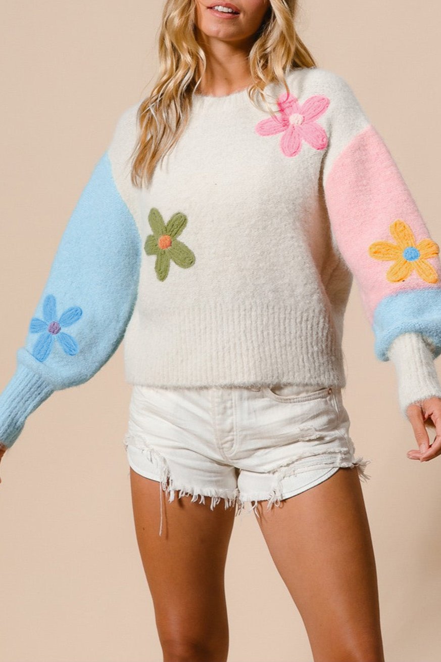 Colorblock Floral Embroidered Fuzzy Sweater